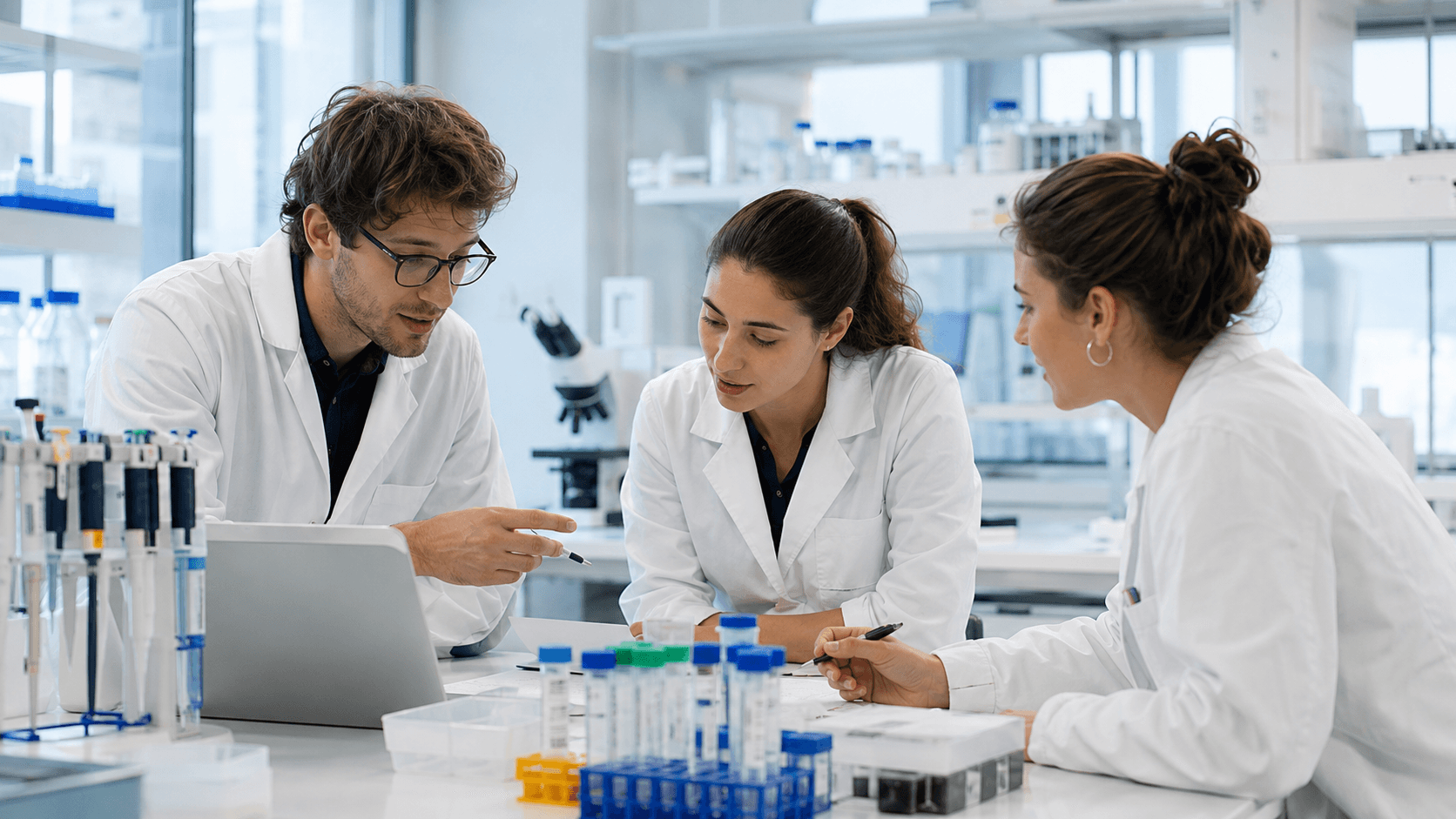 Scientists reviewing research together at a laboratory bench