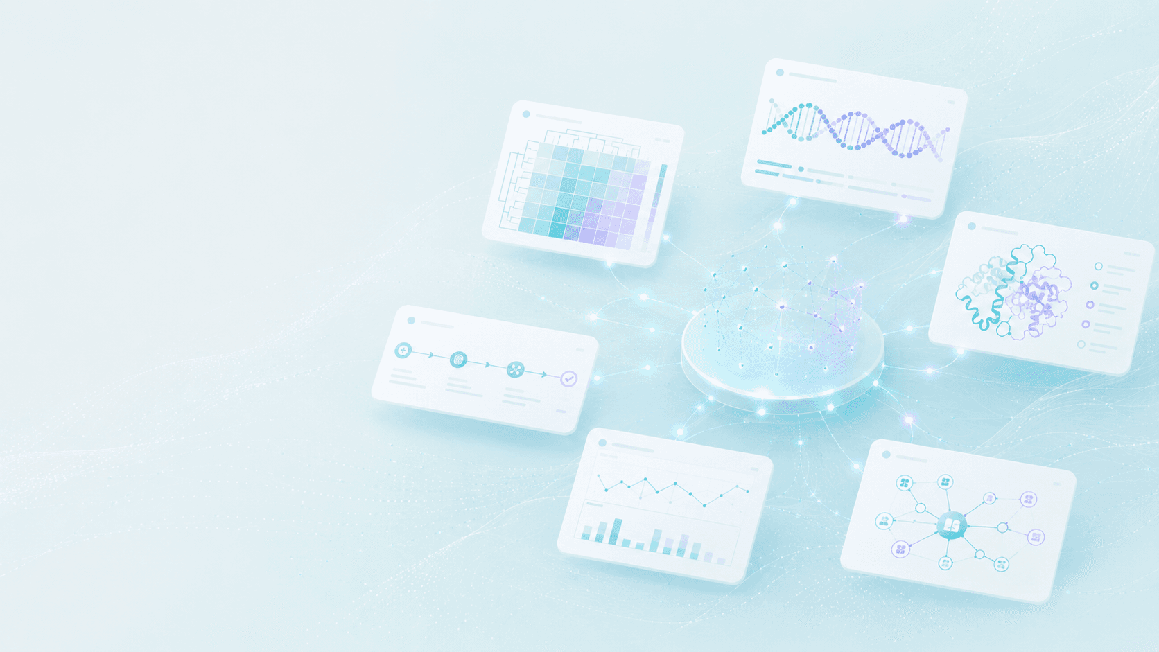Connected bioinformatics analyses around a central scientific intelligence hub, including genomics, proteomics, statistics, and workflow panels