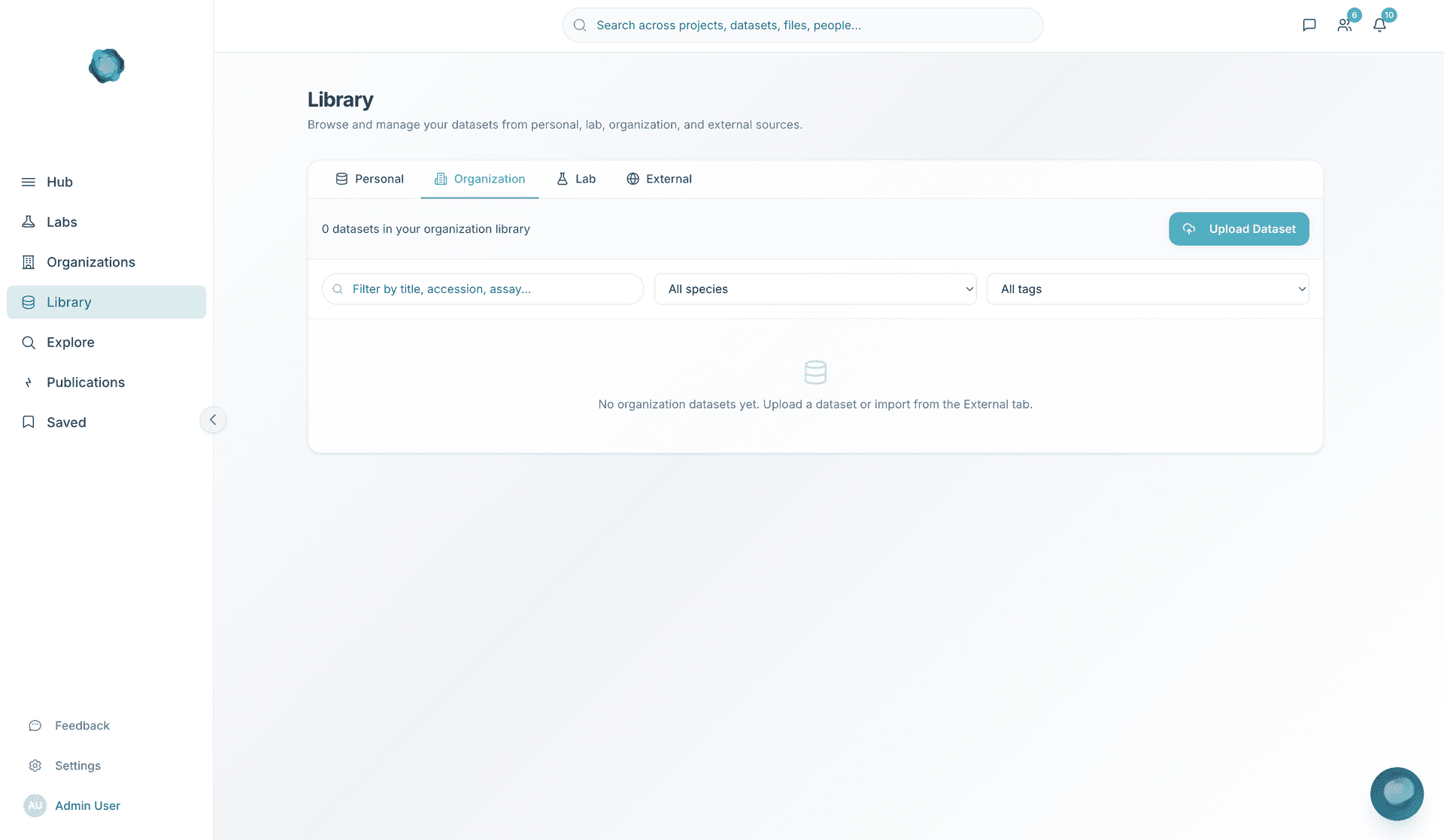 OVAITY scientific context view showing datasets linked to experiments and provenance