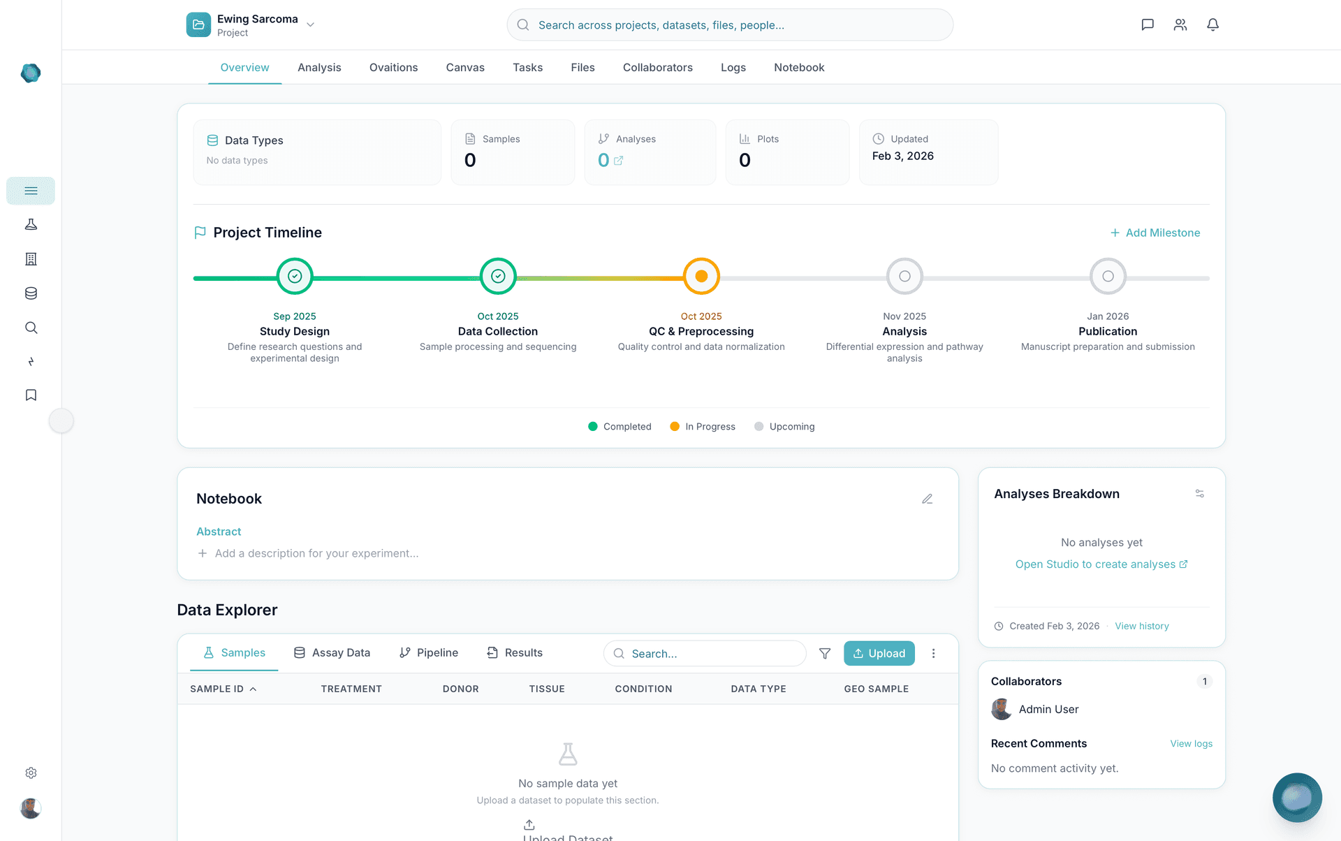 OVAITY connected project workspace with studies, collaborators, and project activity
