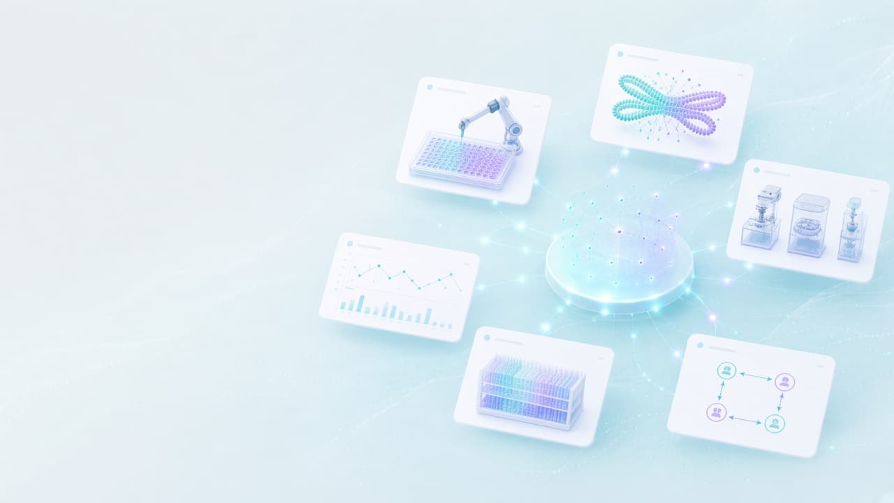 Floating scientific panels connecting a robotic liquid handler, laboratory instruments, a dissolution curve, an experimental archive, and a closed research loop around a glowing network hub