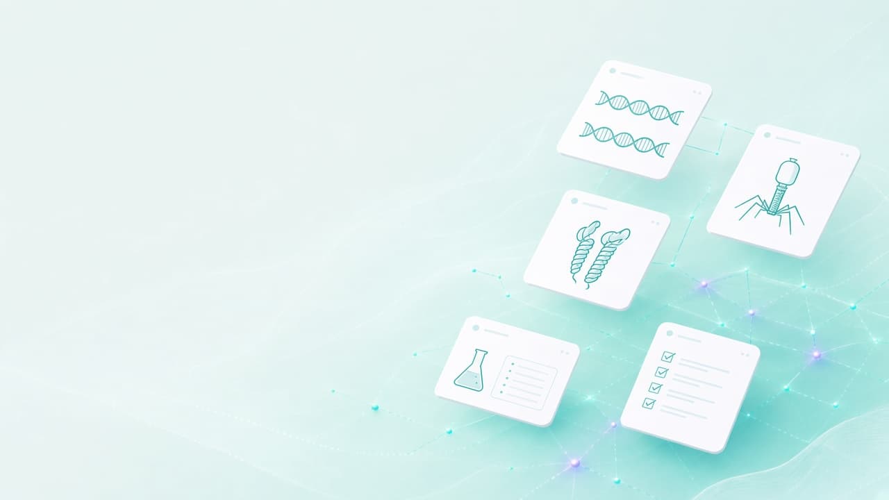 Floating scientific panels connecting a DNA repeat array, a bacteriophage, protein structure, agent reports, and a laboratory assay over a faint network