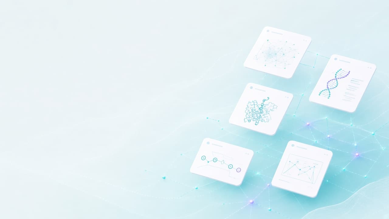 Floating scientific panels connected like a map of life sciences — atlas, DNA, protein structure, a learning path, and linked evidence — over a faint network of routes