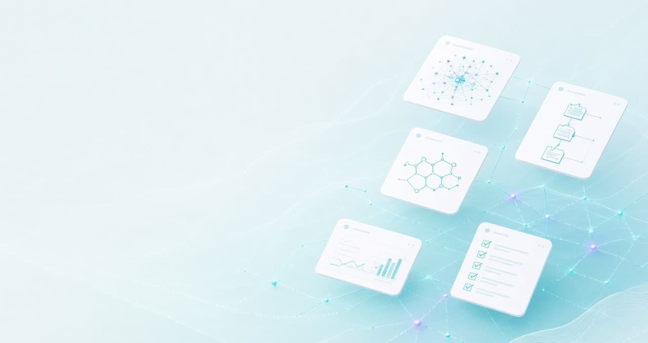 Connected scientific evidence panels — agent networks, molecular structure, analyses, and protocols — arranged around a shared research record
